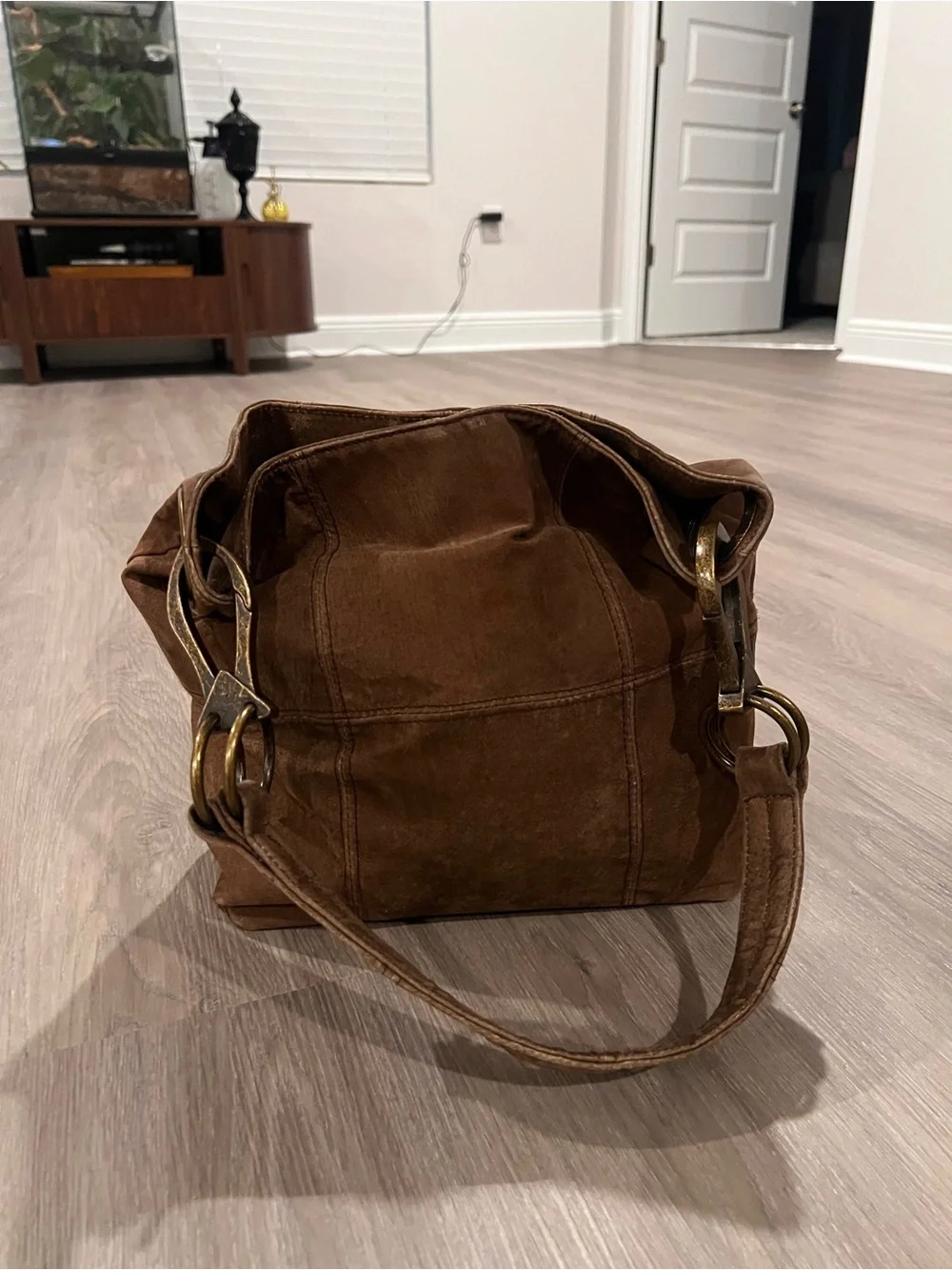 Braciano Brown Suede Hobo Bag with Brass Hardware